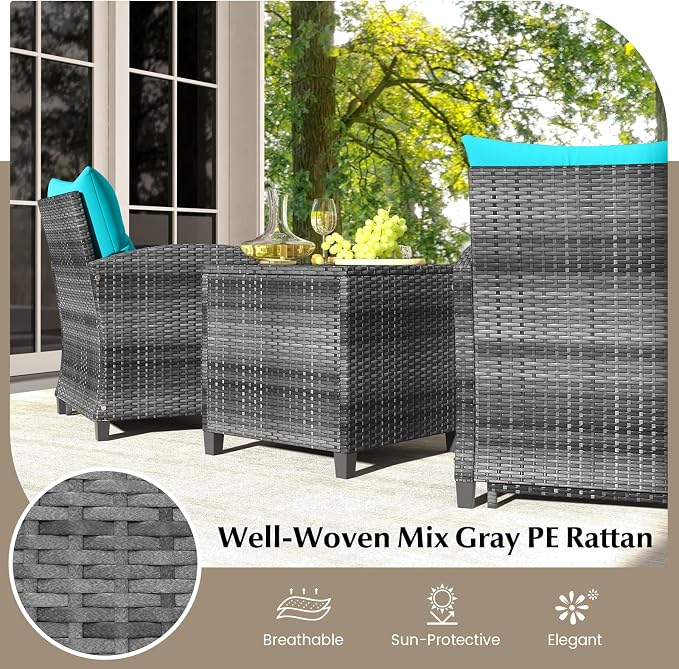 KOTEK 5 Pieces Patio Furniture Set with Ottomans, Wicker Patio Conversation Set with Coffee Table & Cushions, PE Rattan Outdoor Lounge Chairs for Backyard, Porch, Poolside (Mix Grey- Turquoise)