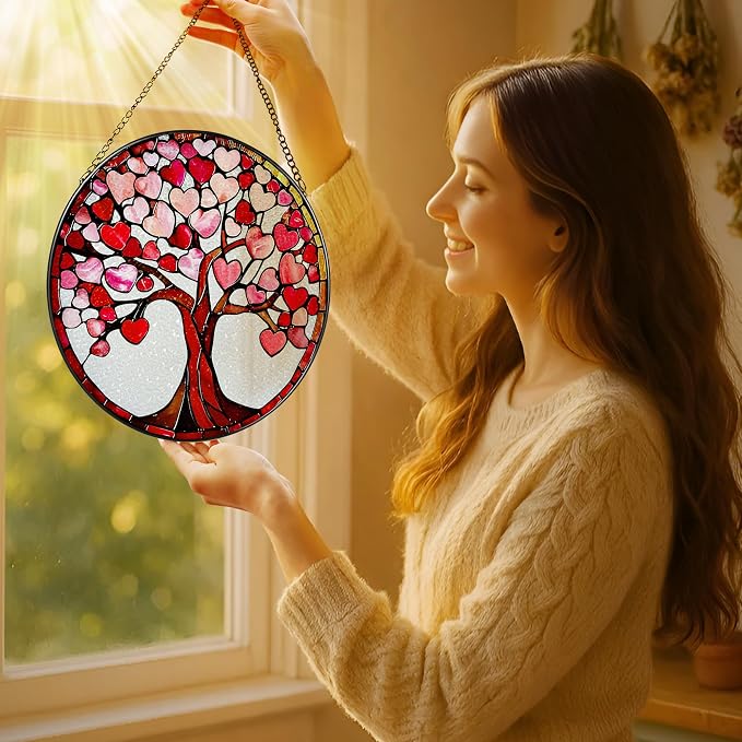 8'' Love Heart Tree Sun Catcher - Stained Glass Window Hanging, Suncatcher for Window Doors Home Decor | Christmas, Birthday, Mother's Day, Valentine's Day Gifts for Her, Girlfriend, Wife, Mom, Friend