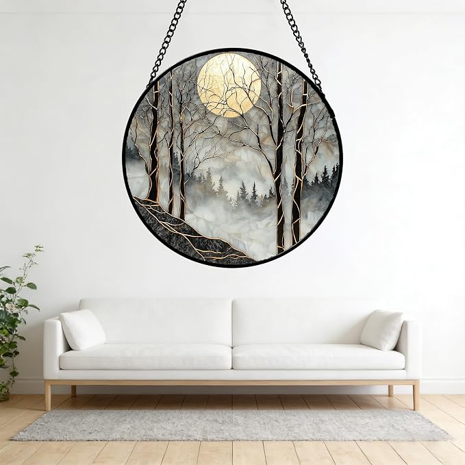 Stained Glass Window Hanging - Black and White Gold Moon Forest Sun Catcher for Door Home Decor Suncatcher Christmas Mother's Day Birthday Gifts for Women Men Lovers Mom Nana 9.8 in