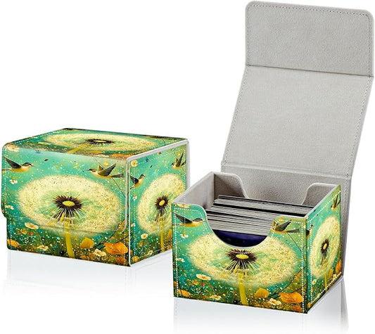 Card Deck Box for MTG, Cards Storage Box Fits 120+ Sleeved, Leather Small Size Strong Magnetic Closing Card Case for Board Games Magic TCG CCG Baseball Collection, Blue Dandelion