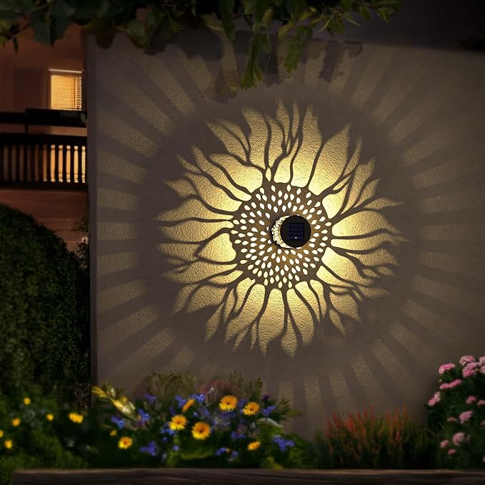 Hapjoy Solar Fence Lights 2 Pack Outdoor Deck Step Wall Lights Metal Waterproof LED Warm Yellow Light for Garden Post Patio Backyard Yard Decor (Sunflower, 2)