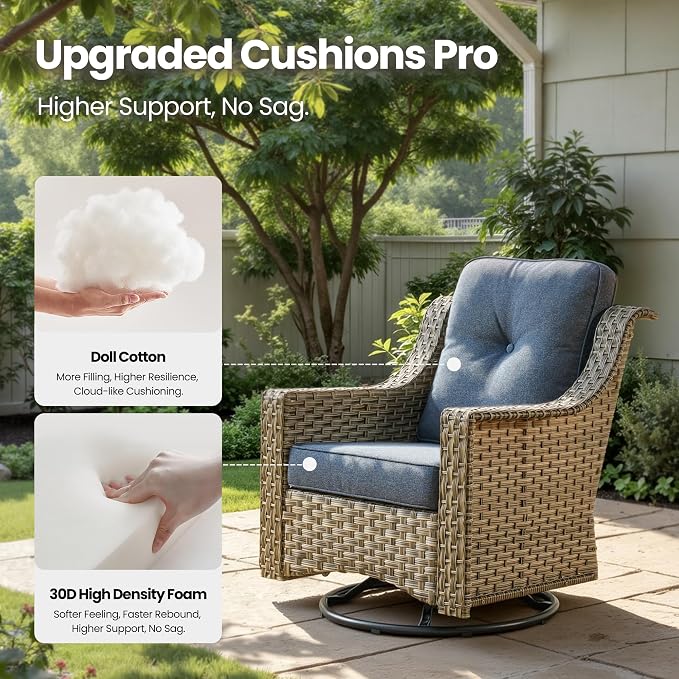 6 Piece Patio Furniture Set with Solar Lights Coffee Table, Outdoor Wicker High Back Sofa Chairs Ottomans with Cushions, All Weather Conversation Set for Backyard Porch Deck, Denim Blue