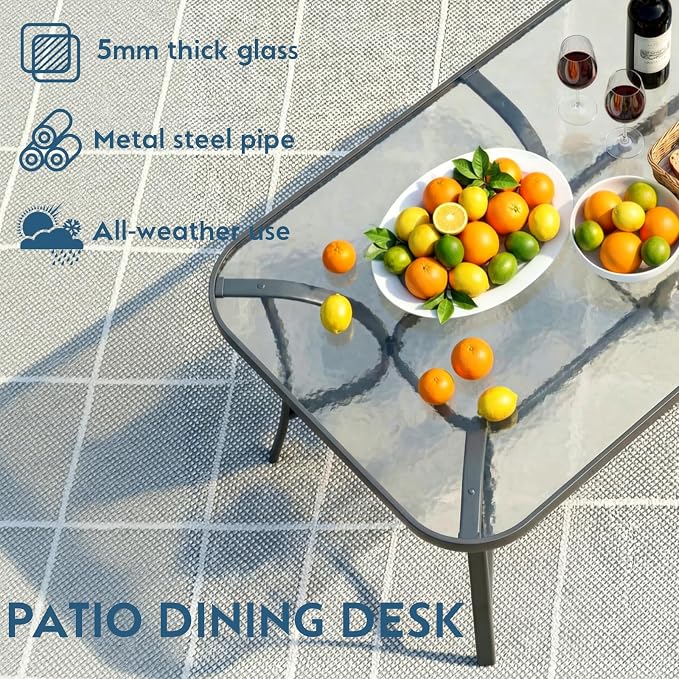 Arlopu 7-Piece Outdoor Table and Chairs for 6, Outdoor Dining Set W/Rectangle Glass Table and Patio Textilene Stackable Chairs, Patio Furniture Set W/Umbrella Hole (Grey Table & Black Chair)