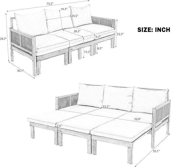 JIVOIT Outdoor Patio Daybed with Rope-Woven Armrests, Convertible Outdoor Sleeper Sofa with Acacia Wood Frame, 3 Seat Patio Sunbed for Backyard, Pool (Beige/85)