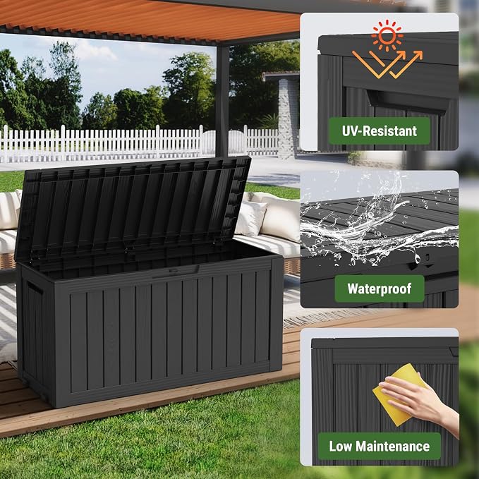 Mars Villa 72 Gallon Deck Box, Waterproof Weatherproof and UV Resistant Resin Storage Bin with Lockable Lid, Ideal for Outdoor Patio Furniture Cushions, Pool Supplies, Garden Tools, Black
