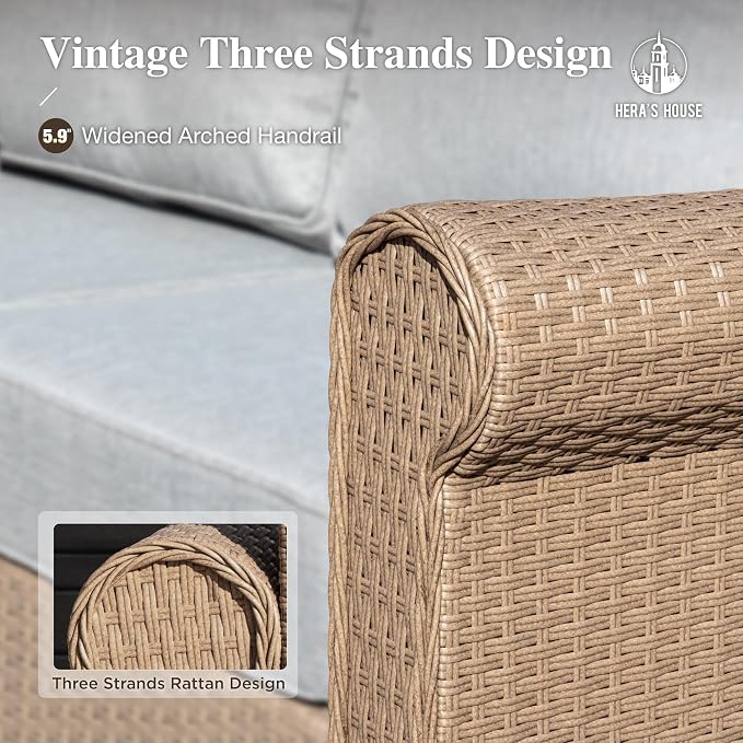 HERA'S HOUSE Patio Furniture Set, 4 x Cushioned Chairs, 3-Seat Sofa with Wood Grain Coffee Table, 5 Seats Luxury Windsor Style All Weahter Outdoor Sofa Conversation Set for Deck Lawn Backyard