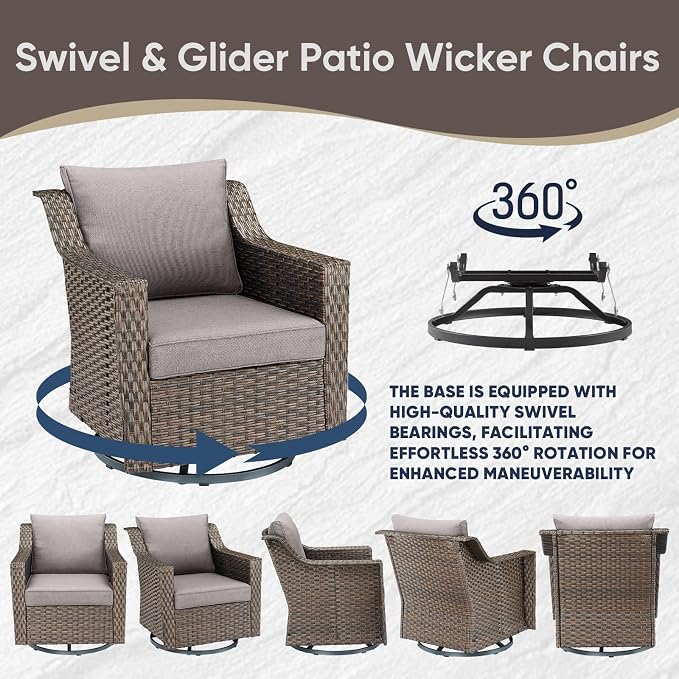 5 Pieces Patio Conversation Sets-Outdoor Furniture All Weather Wicker Couch with Swivel Glider Chair Patio Conversation Set for Porch Garden Backyard Poolside-Brown/Grey