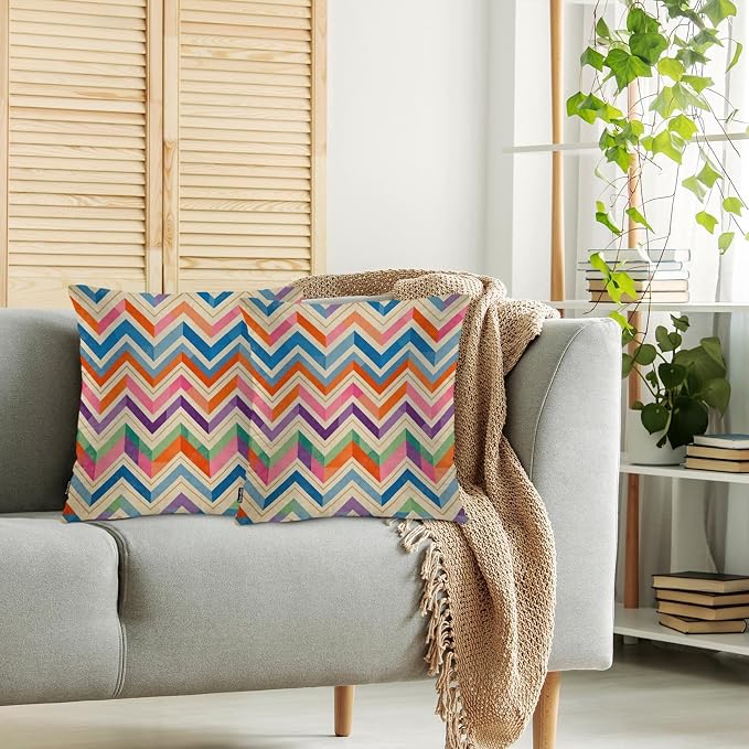 Swono Chevron Stripes Set of 2 Square 18x18 Inch Throw Pillow Cover Rainbow Zig Zag Herringbone Waves Soft Pillowcases Pillow Cushion Covers for Home Sofa Couch Bench Living Room Car Decoration