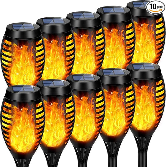 Solar Torch Lights Outdoor Flickering Flame for Halloween Decorations | Upgraded 10 Pack Flame Halloween Solar Lights Outdoor for Garden Decor, Tiki Torches for Outside Yard Patio Pathway Decor