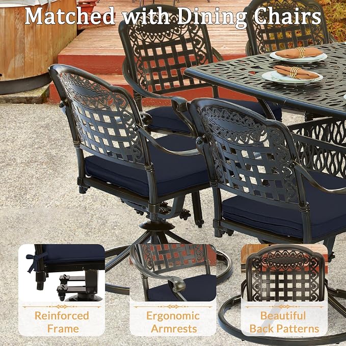 9 Piece Outdoor Patio Dining Set for 8, Cast Aluminium Large Square Dining Table & 4 Swivel Rocker Chairs, 4 Stationary, 8 Cushions, Umbrella Hole, Patio Furniture Set for Garden, Navy Blue