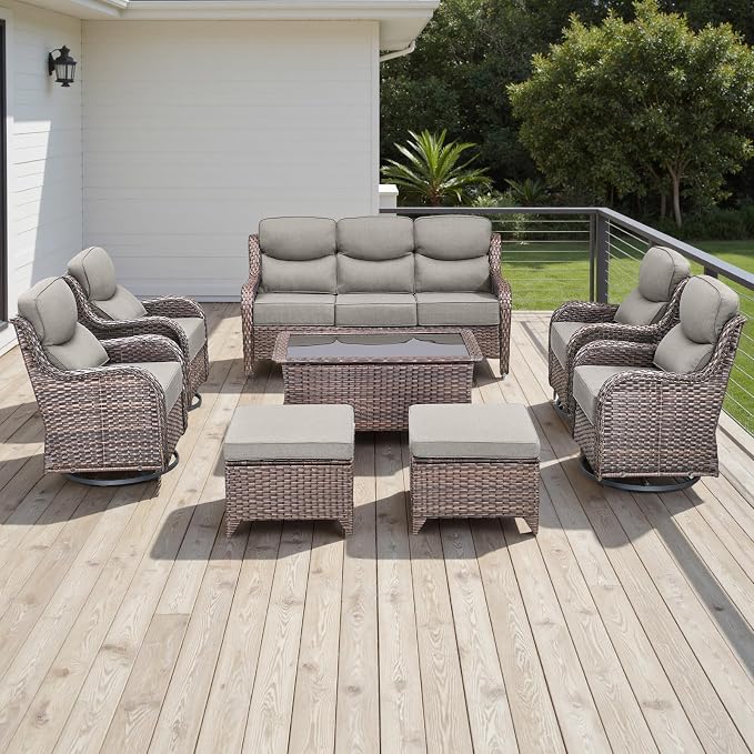 Rilyson Wicker Outdoor Patio Furniture Set - 8 Piece Patio Conversation Sets with Swivel Rocker Chairs, Ottomans, Sofa and Coffee Table, 6 inch Cushions, Deep Seating, for Porch Deck Brown/Beige