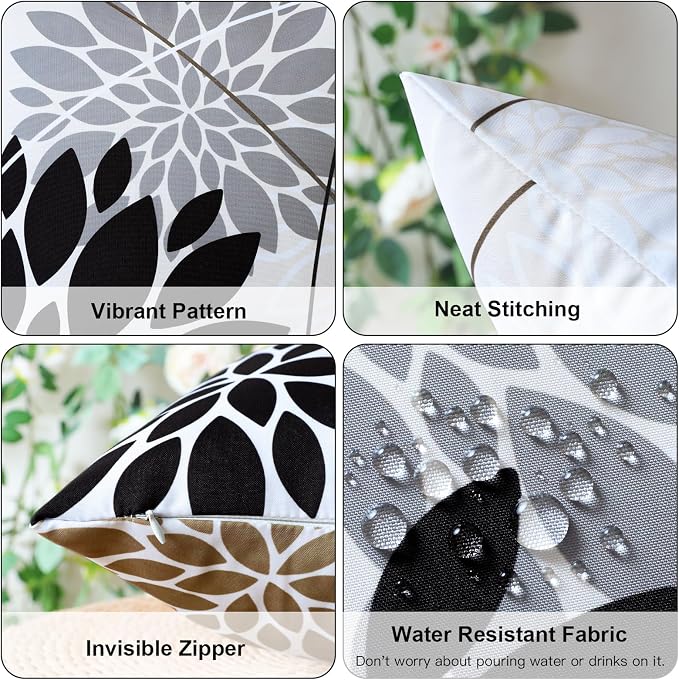 OTOSTAR Outdoor Black Gray Pillow Covers 16x24 Inch Set of 2 White Flower Throw Pillows Farmhouse Geometric Dahlia Floral Lumbar Cushion Case Waterproof Decor for Sofa Patio Funiture Garden
