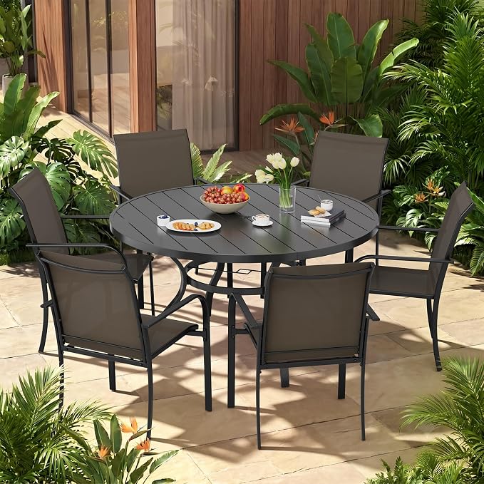 Incbruce 7 PCS Patio Dining Set, Outdoor Dining Set of 6 Textilene Chairs and 53" Round Table with Umbrella Hole for Backyard, Garden, and Poolside (Brown)