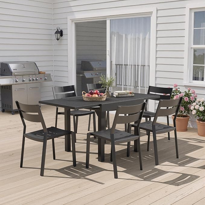 Pellebant 7-Piece Aluminum Outdoor Dining Set for 6, Stackable Contoured Seat Chairs with 17.3" Depth, Expandable Patio Table – Weather-Resistant Furniture for Deck, Porch & Backyard