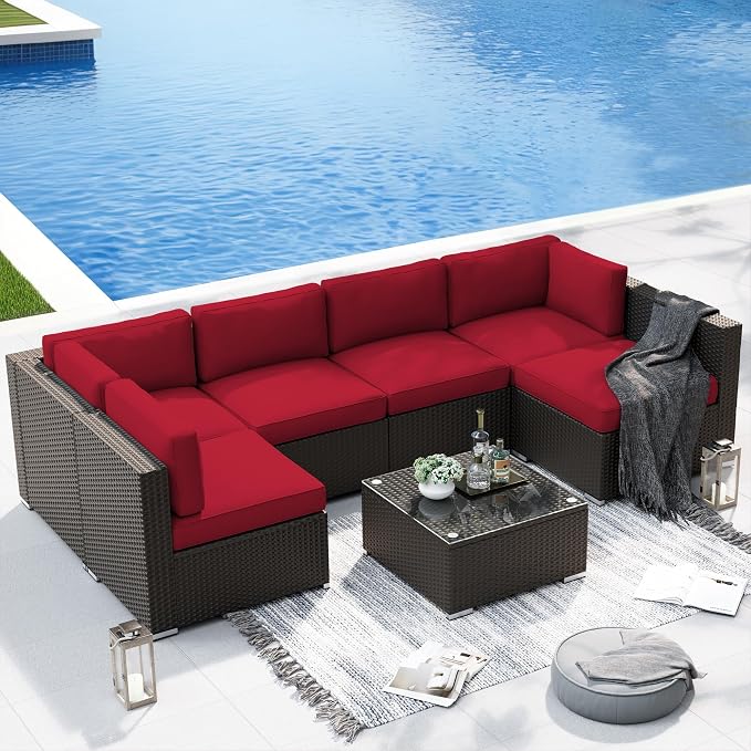 SUNCROWN 7-Piece Outdoor Patio Furniture Sofa Set All-Weather Wicker Sectional Conversation Set with Modern Glass Coffee Table, Cushions and Waterproof Cover,Red