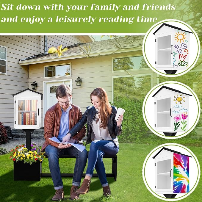 Wonderjune 3-in-1 Little Library Box Outdoor with Bench & Planter DIY Paintable Lending Free Library Pine Wood Neighborhood Share Box Ground Mount Kit for Yard Garden Community School(Black and White)