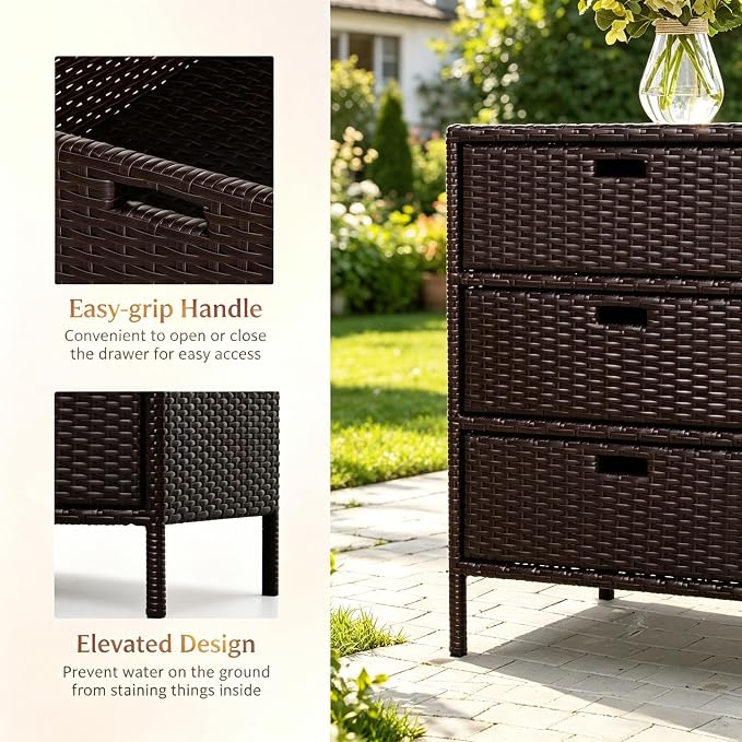Outdoor Deck Box Storage Cabinet with 3 Drawers, Wicker Pool Towel Rack and Organizer for Patio and Garden, Water Resistant PE Rattan with Steel Frame, 23.5 x 19.8 x 32.3 Inches, Brown