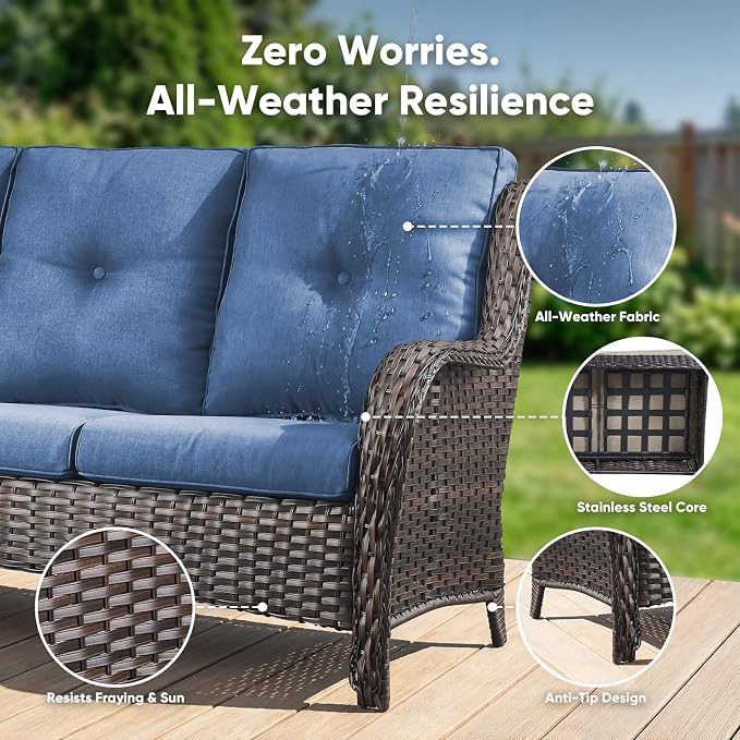 Belord 5 Piece Wicker Patio Furniture Set, Outdoor Swivel Rocker Chairs Set of 2 with Ottomans and Loveseat, All Weather Patio Conversation Furniture Set, for Porch Pool, Brown Wicker/Blue