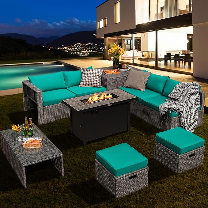 Tangkula 9 PCS Patio Furniture Set with 42” 60,000 BTU Fire Pit, Outdoor Space-Saving Sectional Sofa Set with Storage Box, Waterproof Covers Included