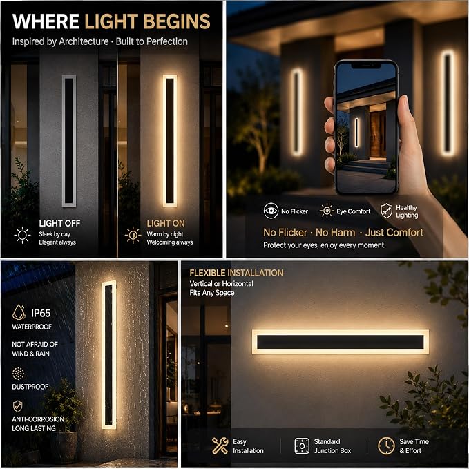 2Pack 31.5inch Long Outdoor Modern LED Wall Light,24W Waterproof IP65 Warm White 110V led Wall Mount Lighting Fixture Rectangular Black Wall Lights Elegant Frosted White Acrylic Anti Rust