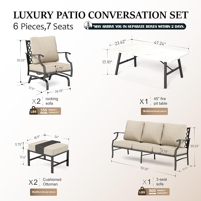 HERA'S HOUSE 6 Piece Patio Furniture Set, 2 x Rocking Cushioned Chair, 2 x Cushioned Ottoman, 1 x 3-Seat Sofa with Marbling Coffee Table, Outdoor Conversation Set for Lawn Garden Backyard