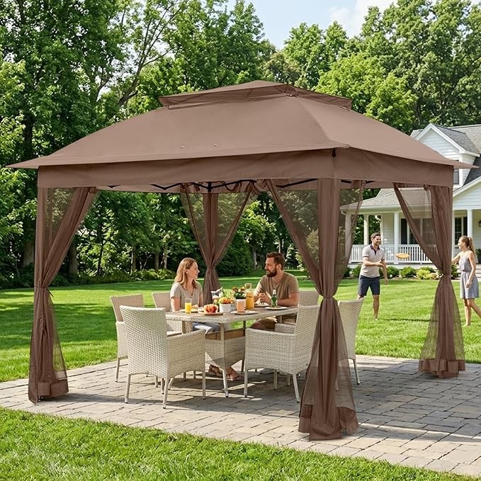 COOS BAY 11x11 Pop Up Gazebo with Mesh Netting, Instant Outdoor Canopy Tent, Water Resistant Shelter with UPF 50+ UV Protection, 121 Sq Ft Coverage, Brown