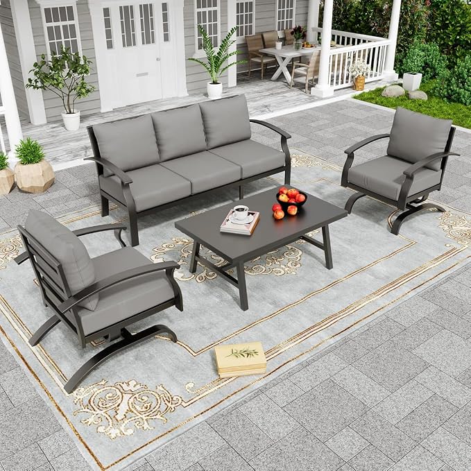 Metal Patio Furniture Set,4 Pieces 5 Seats Patio Sectional Outdoor Furniture Set with Rectangular Coffee Table,Patio Conversation Sets with 5.1" Thickened Cushions,GreyGrey