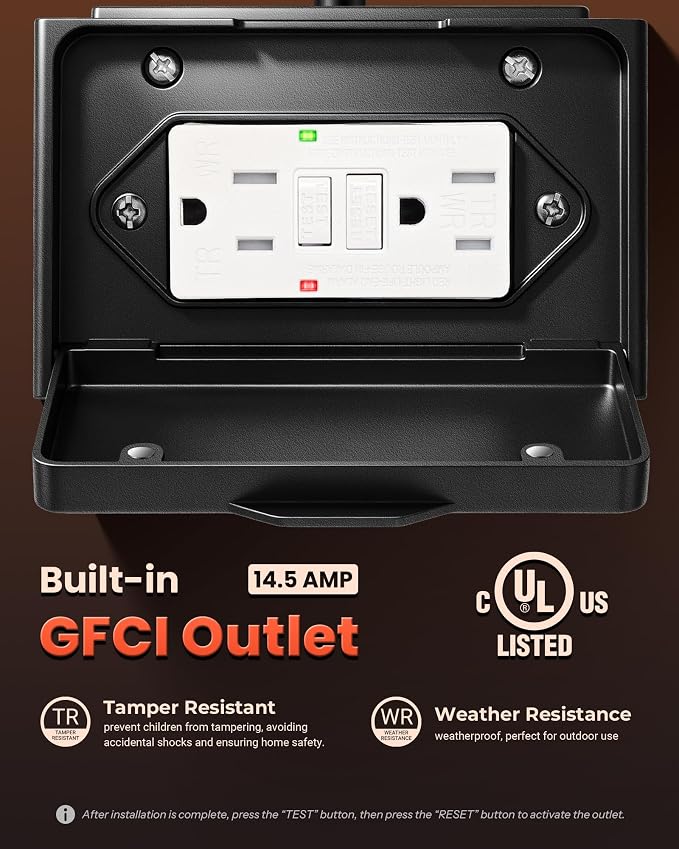 Gleamz Large Dusk to Dawn Outdoor Lighting with GFCI Outlet, Black Exterior Lighting Fixtures, Outdoor Porch Lights Wall Mount for Garage, Patio, Coach, 100% Aluminum Anti-Rust Waterproof