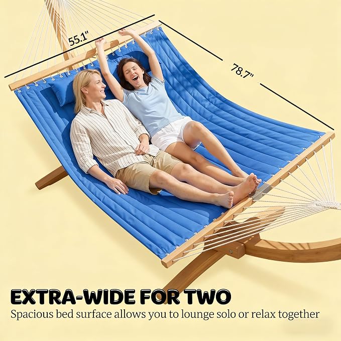 Outdoor Double Hammock with Hardwood Spreader Bars, 440 lb Capacity Patio Hammock, for Patio, Backyard, Porch, Camping & Garden, 128” x 55” (Navy Blue)