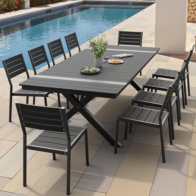 Pellebant 11 Piece Patio Table and Chairs Set for 10, Aluminum Outdoor Dining Set with Umbrella Hole, Stackable Dining Chairs & 94" Dining Table, Black