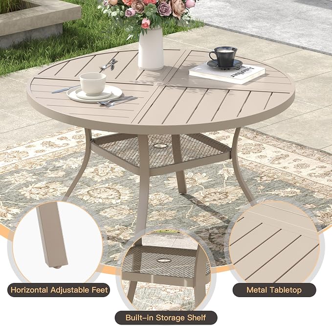 5 Pieces Outdoor Dining Set, Stackable Textilene Paito Chairs & 40.5" Round Dining Table with Umbrella Hole and Shelf, Patio Dining Set for Backyard, Deck, Garden, Sandshell