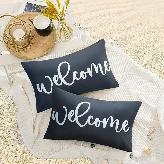 Merrycolor 2 Pack Black & White Outdoor Waterproof Modern Rectangular Throw Pillow Covers, 20" x 12", Welcome Letter Print, Living Room, Outdoor Activities