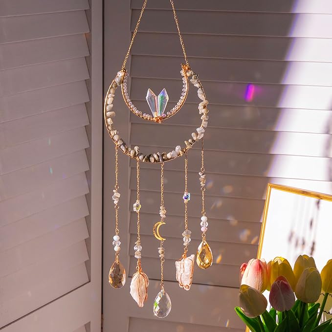 Crystal Suncatcher - Dreamsum Hanging Suncatchers with Crystals and Stones | Sun Catchers Indoor, Window Catcher with Prism Pendants Stones Slices, Moon Crystal Suncatchers gift for Girls, Lover and Mom