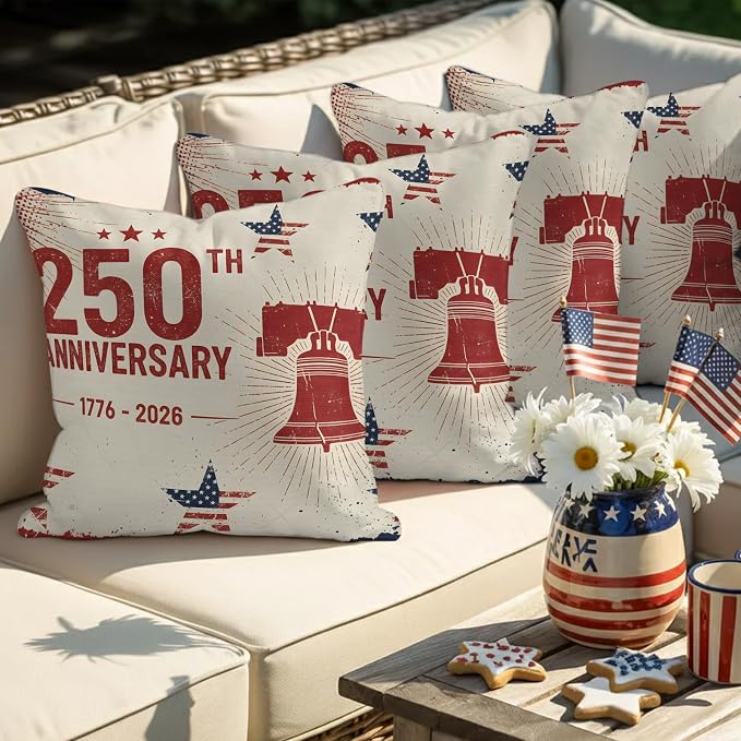 250th Anniversary Outdoor Pillow Covers 16"x16" Set of 2, Liberty Bell Stars Vintage 1776-2026 Waterproof Throw Pillow Covers for Patio Furniture, Decorative Cushion Covers for Porch