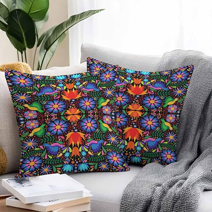 Outdoor Waterproof Throw Pillow Covers Set of 2 Colorful Mexican Floral Pillowcases 16x16 Inches Bird Rustic Assorted Flower Decorative Pillows Cushion Case Patio Pillows for Couch Bed Chair Garden