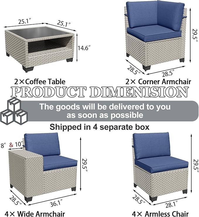 12-Piece Outdoor Patio Furniture Set, Modular Sectional Sofa Set with Glass Coffee Table and Cushions, Wicker Outdoor Couch Conversation Sets, Blue