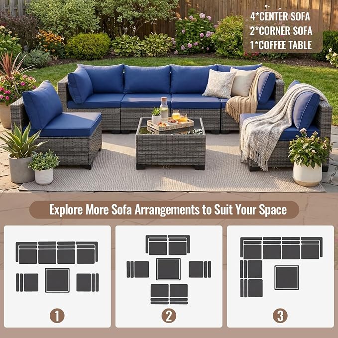 7 Pieces Outdoor Wicker Patio Furniture Set, Patio Conversation Sectional Set with Cushions & Coffee Table, All Weather PE Rattan Patio Sofa with Tea Table for Backyard Porch Garden (Navy-blue)