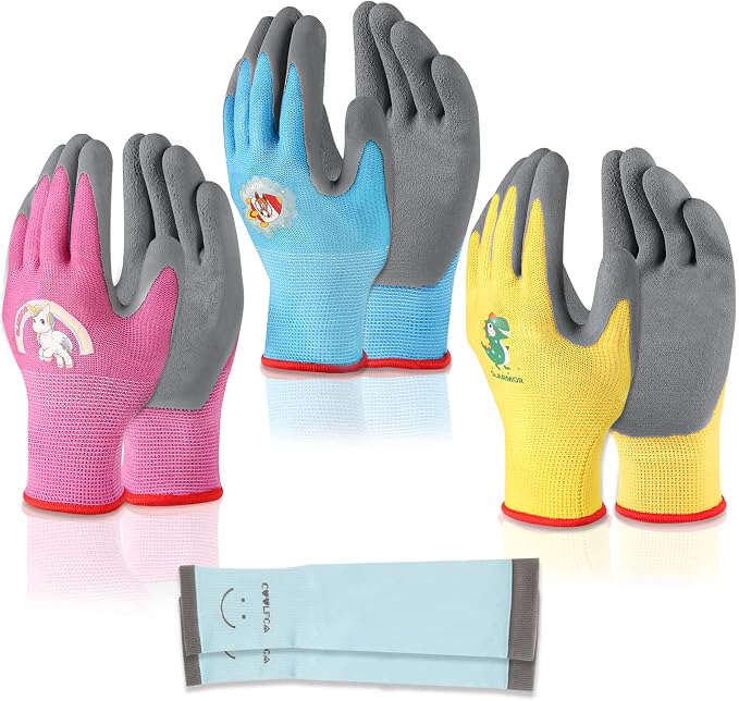 Kids-Gardening-Gloves for Age 3-12, Rubber-Coated Garden Yard Work-Gloves for Children Toddlers Boys & Girls