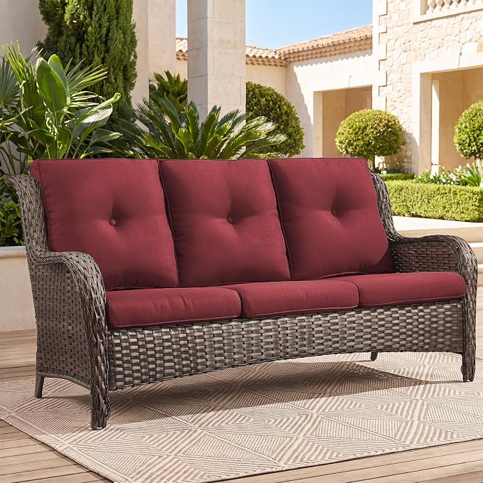 Belord 3-Piece PE Wicker Outdoor Sofa with 2 Ottomans, Luxury Patio Couch Convertible to Chaise Lounge, All-Weather High Back Deep Seat Woven Furniture for Deck, Porch - Brown/Red