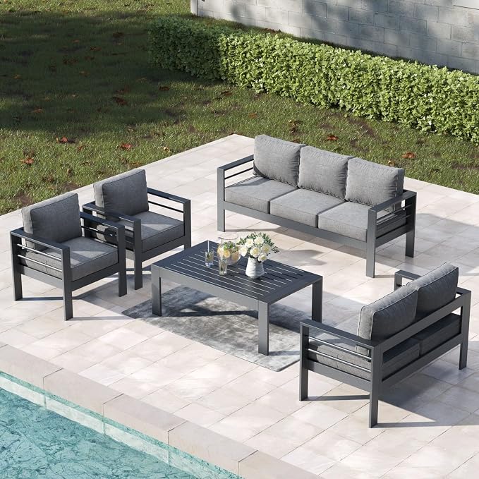 5 Pieces Aluminum Outdoor Patio Furniture Set with Coffee Table, Modern Metal Conversation Sofa Set with Deep Seating for Porch