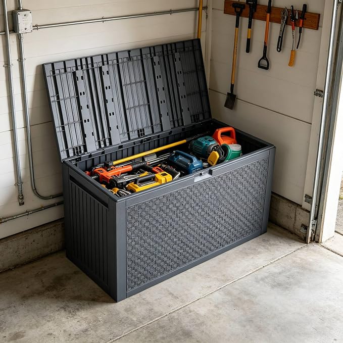 90 Gallon Large Outdoor Storage Box, Indoor and Outside Deck Box with Lockable Design Lids, Waterproof Resin Storage Containers Bin for Garden, Garage, Patio, Poolside, Toy Storage Grey