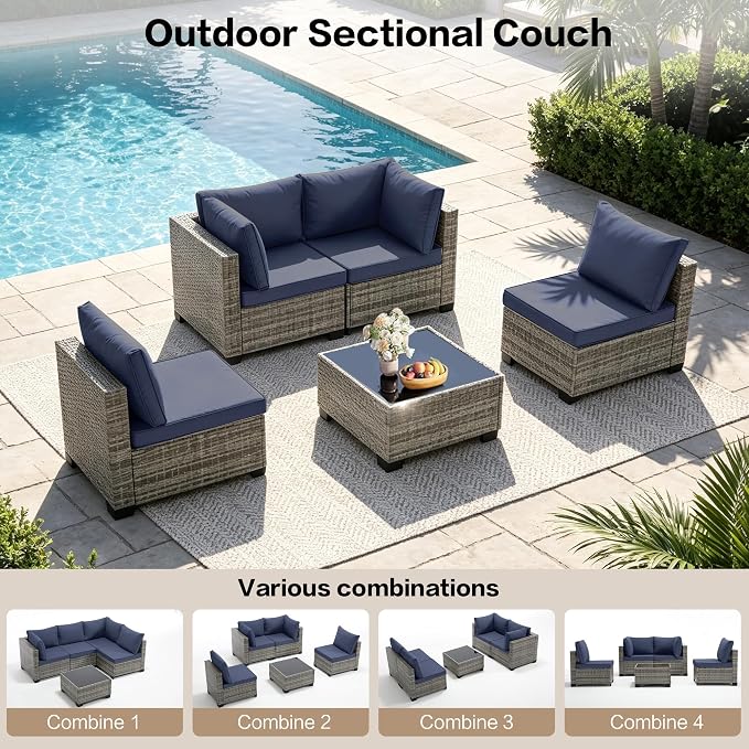 5-Piece Outdoor Patio Furniture Set, Gray PE Rattan Sectional Sofa with Navy Blue Cushions and Steel Frame, Coffee Table Included, Modular Outdoor Conversation Set for Patio Garden Poolside