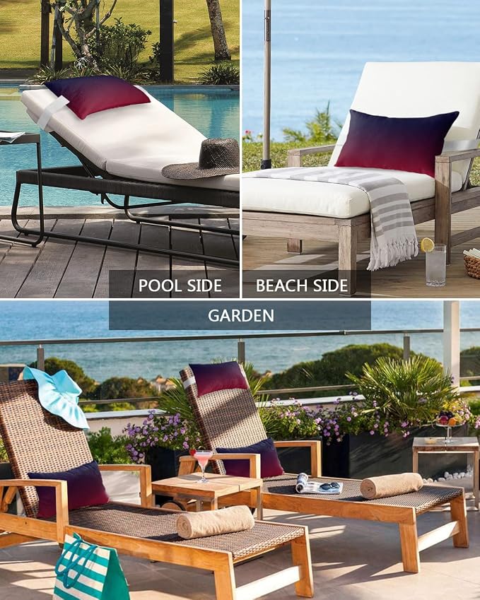 Outdoor Pillows Covers with Inserts Purple Red Gradient Waterproof Recliner Pillow with Adjustable Strap Throw Pillows for Patio Furniture Pool Lounge Chair, 11x16 inch, 2PCS