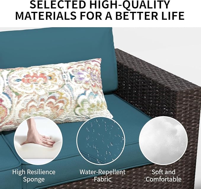 7 Piece Wicker Patio Furniture Set with Outdoor Sectional Sofa, Washable Cushion Covers, Tempered Glass Coffee Table, Rattan Conversation Set for Poolside, Lawn, Balcony