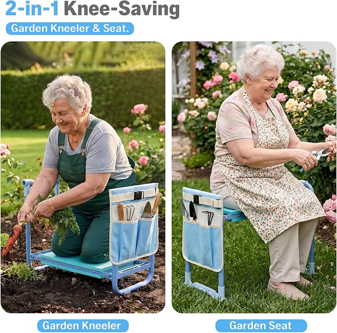 Garden Kneeler and Seat Heavy Duty, Foldable Gardening Stool Bench | With Widened Thick Soft Kneeling Pad & Tool Pouches - 2-in-1 Portable Kneeler and Stool for Seniors (BLUE)