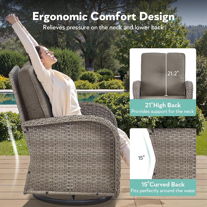 5 Piece Patio Furniture Set - Wicker Patio Conversation Set with Swivel Glider, Glider Loveseat, Tempered Glass Side Table and Coffee Table for Deck Backyard - Grey Wicker Grey Cushion
