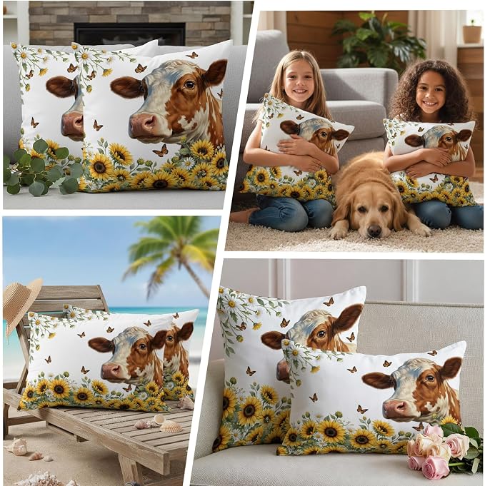 Cow Animal Outdoor Pillow Covers 18"x18" Set of 2, Yellow Sunflower Farmhouse Daisy Butterfly Waterproof Throw Pillow Covers for Patio Furniture, Decorative Cushion Covers for Porch