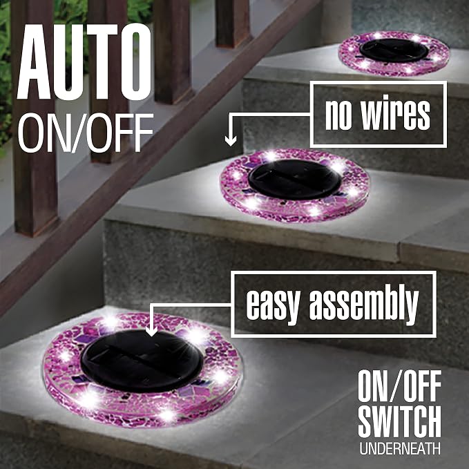 Bell+Howell Solar Outdoor Mosaic Disk Lights, 4 Pack Ultra-Premium Glass Decorative Pathway, Solar Outdoor Waterproof Disk, LED Pathway, Auto On/Off Lights - Radiant Pink