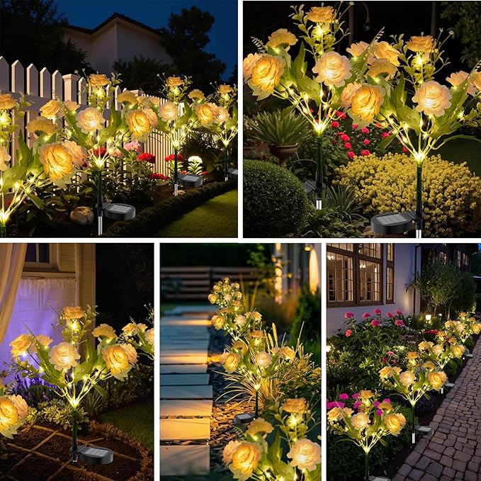 4 Pack Solar Garden Lights Outdoor, 42" Tall 42 LEDs Hibiscus Solar Flower Lights, IP65 Waterproof Decorative Landscape Lighting for Pathway Patio Yard Walkway Decor (Warm White)