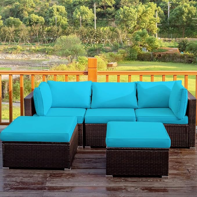 COSTWAY 5-Piece Outdoor Patio Furniture Set, PE Rattan Sectional Conversation Set with Cushions and 2 Ottomans for Garden, Deck, Backyard (Turquoise)